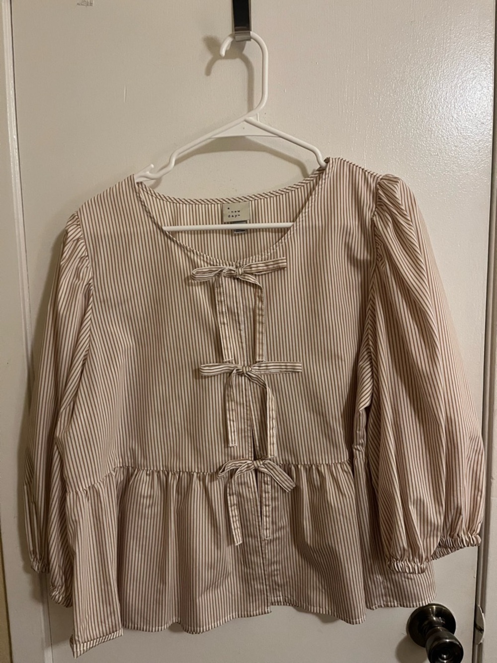 a new day Cream & Brown Striped Bow-Tie Peplum Blouse